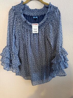 T.J.Maxx Blue Floral Ruffle Sleeve Peasant Blouse